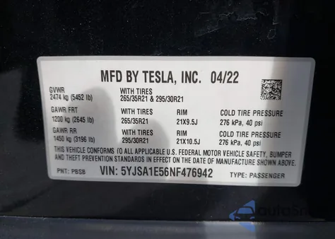 2022 Tesla Model S Dual Motor All-Wheel Drive z USA, uszkodzony, nr VIN 5YJSA1E56NF476942
